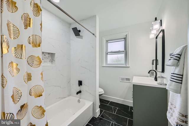 3814 Cedardale Rd, Baltimore, MD 21215 - bathroom featuring marble look tile flooring, vanity, and shower / bathtub combination with curtain