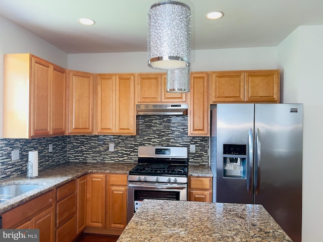 115 W Sharpnack St, Philadelphia, PA 19119 - kitchen with appliances with stainless steel finishes, under cabinet range hood, backsplash, dark stone counters, and recessed lighting
