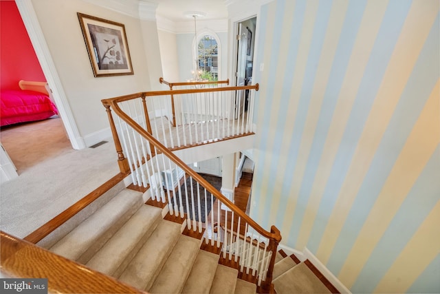 3716 Taft Ave, Alexandria, VA 22304 - staircase with carpet and crown molding