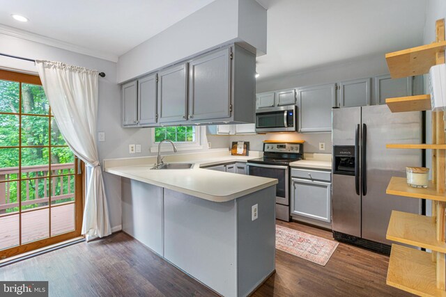 1651 Hugo Cir, Silver Spring, MD 20906 - kitchen with stainless steel appliances, gray cabinetry, a peninsula, dark wood-style flooring, and recessed lighting
