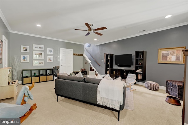 2596 Twin Birch Rd, Hanover, MD 21076 - living room featuring carpet flooring, a ceiling fan, stairway, ornamental molding, and recessed lighting