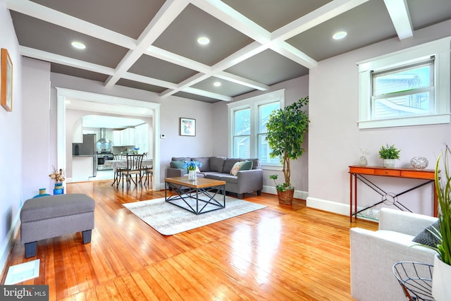 2721 Louise Ave, Baltimore, MD 21214 - living room with coffered ceiling, hardwood / wood-style flooring, beam ceiling, arched walkways, and recessed lighting
