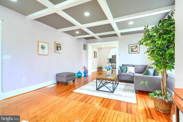 2721 Louise Ave, Baltimore, MD 21214 - living room featuring hardwood / wood-style flooring, coffered ceiling, recessed lighting, beamed ceiling, and arched walkways