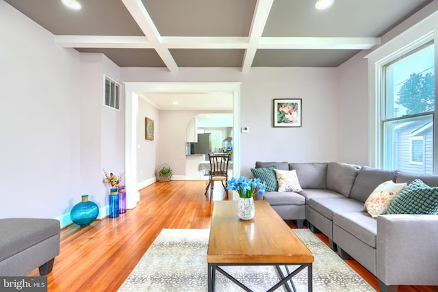 2721 Louise Ave, Baltimore, MD 21214 - living room featuring coffered ceiling, wood finished floors, arched walkways, beamed ceiling, and recessed lighting