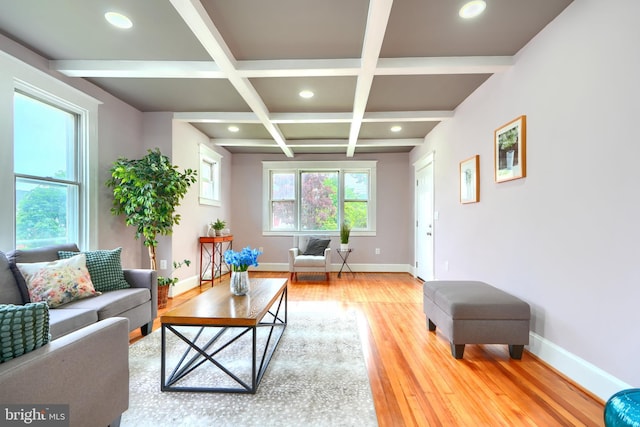 2721 Louise Ave, Baltimore, MD 21214 - living area featuring wood finished floors, coffered ceiling, recessed lighting, and beamed ceiling