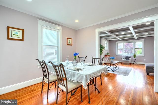 2721 Louise Ave, Baltimore, MD 21214 - dining room with coffered ceiling, beamed ceiling, light wood-type flooring, recessed lighting, and crown molding