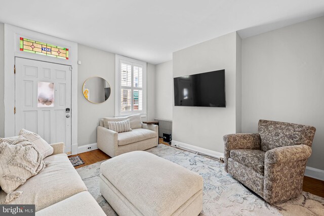 307 S Exeter St, Baltimore, MD 21202 - living room featuring radiator and wood finished floors