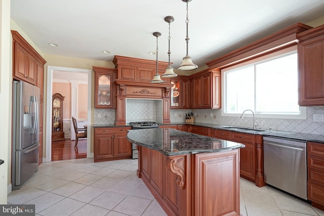 8 Cove Ct, Hainesport, NJ 08036 - kitchen featuring stainless steel appliances, light tile patterned floors, a kitchen island, backsplash, and recessed lighting
