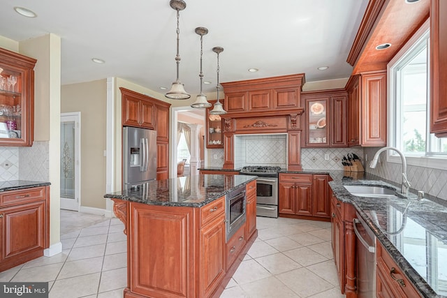 8 Cove Ct, Hainesport, NJ 08036 - kitchen featuring stainless steel appliances, light tile patterned flooring, tasteful backsplash, glass insert cabinets, and recessed lighting