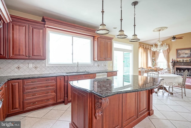 8 Cove Ct, Hainesport, NJ 08036 - kitchen featuring light tile patterned flooring, a chandelier, backsplash, and stainless steel dishwasher