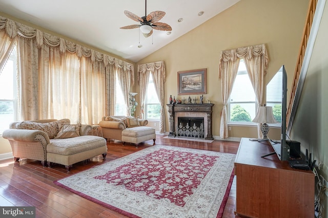 8 Cove Ct, Hainesport, NJ 08036 - living area featuring ceiling fan, a fireplace, hardwood / wood-style flooring, and high vaulted ceiling
