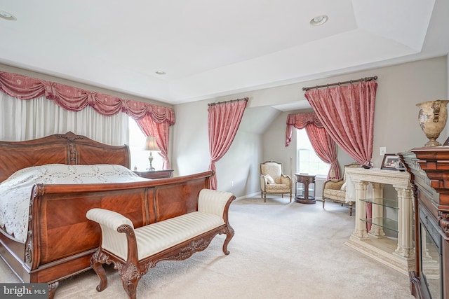 8 Cove Ct, Hainesport, NJ 08036 - bedroom featuring a tray ceiling, carpet floors, and a fireplace