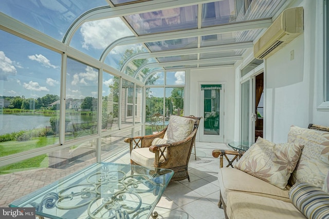 8 Cove Ct, Hainesport, NJ 08036 - sunroom featuring a water view, tile patterned flooring, an AC wall unit, and floor to ceiling windows