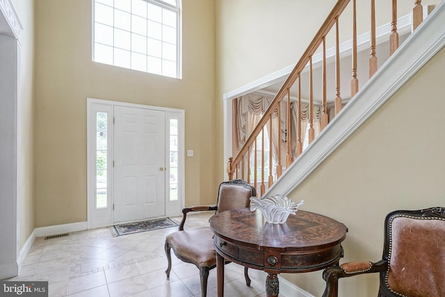 8 Cove Ct, Hainesport, NJ 08036 - tiled entrance foyer with stairway, a high ceiling, and inlaid floor details