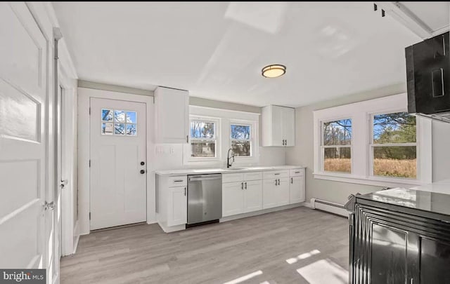 1832 E Buckshutem Rd, Millville, NJ 08332 - kitchen featuring dishwasher, baseboard heating, light wood finished floors, and white cabinets
