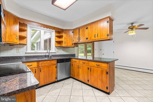10833 Hunting Ln, Columbia, MD 21044 - kitchen with open shelves, stainless steel dishwasher, a peninsula, and brown cabinetry