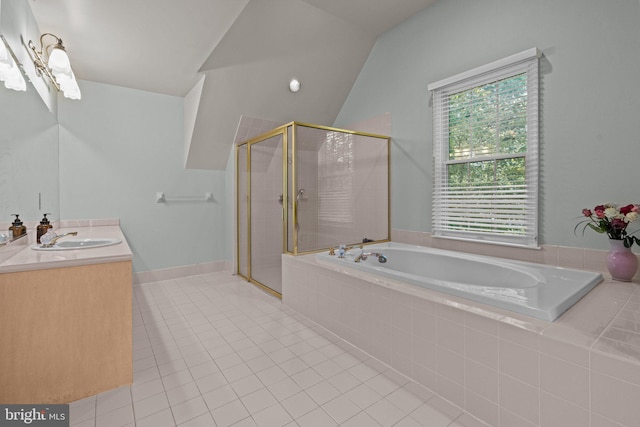 14 Leapson Ln, Doylestown, PA 18901 - full bath featuring a bath, a shower stall, vanity, tile patterned flooring, and vaulted ceiling
