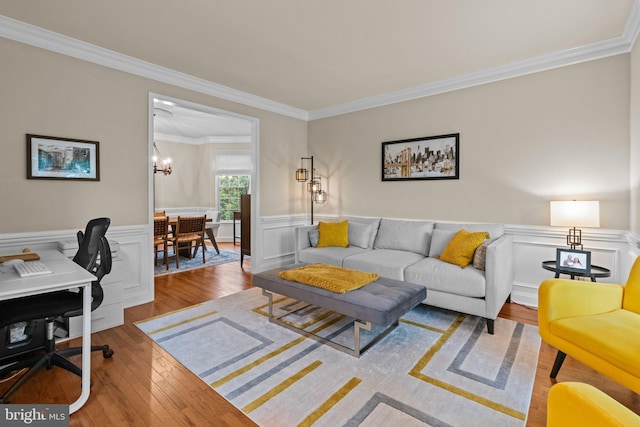 14 Leapson Ln, Doylestown, PA 18901 - living room with hardwood / wood-style flooring, crown molding, a chandelier, wainscoting, and an office area