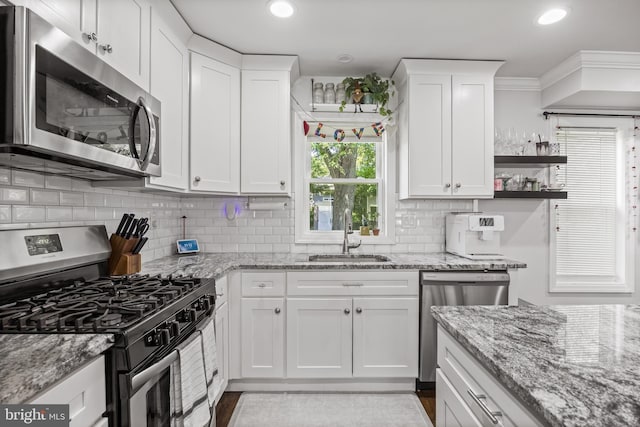 100 Carolina Ave, Cherry Hill, NJ 08003 - kitchen with stainless steel appliances, white cabinetry, decorative backsplash, open shelves, and recessed lighting