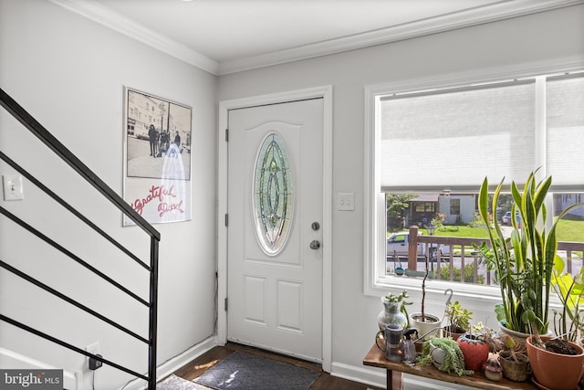 100 Carolina Ave, Cherry Hill, NJ 08003 - foyer entrance with stairs, dark wood-style floors, and crown molding