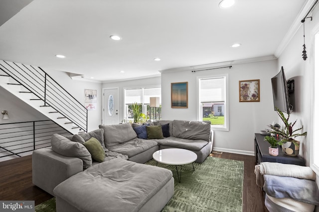 100 Carolina Ave, Cherry Hill, NJ 08003 - living room with ornamental molding, dark wood-style floors, recessed lighting, and stairway