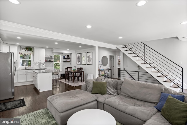 100 Carolina Ave, Cherry Hill, NJ 08003 - living room with ornamental molding, recessed lighting, stairway, dark wood finished floors, and radiator