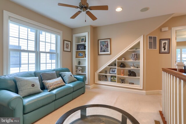 162 High Pointe Dr, Hummelstown, PA 17036 - carpeted living room featuring built in shelves, a ceiling fan, and recessed lighting