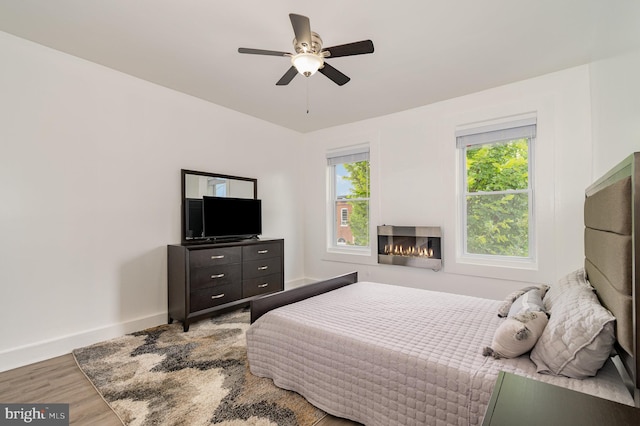915 N Montford Ave, Baltimore, MD 21205 - bedroom with wood finished floors, heating unit, a glass covered fireplace, and ceiling fan