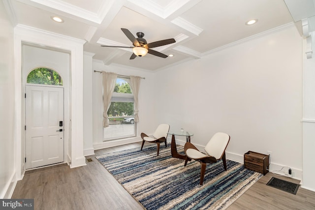 915 N Montford Ave, Baltimore, MD 21205 - entryway featuring light wood-style floors, crown molding, beamed ceiling, ceiling fan, and coffered ceiling