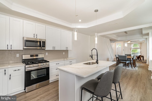 915 N Montford Ave, Baltimore, MD 21205 - kitchen with appliances with stainless steel finishes, a raised ceiling, light wood-style floors, ornamental molding, and backsplash