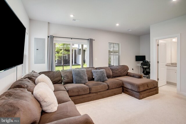 18351 Moss Garden Rd, Dumfries, VA 22026 - living room with electric panel, recessed lighting, and light carpet