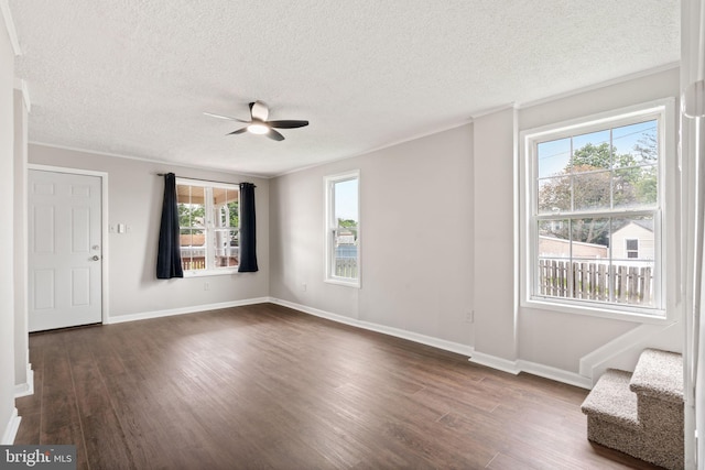 16 Richardson Ave, Linwood, PA 19061 - unfurnished living room featuring ceiling fan, healthy amount of natural light, dark wood-style floors, a textured ceiling, and crown molding