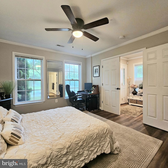 3835 Sugarloaf Pkwy, Frederick, MD 21704 - bedroom featuring dark wood-style floors, multiple windows, ornamental molding, a ceiling fan, and a desk