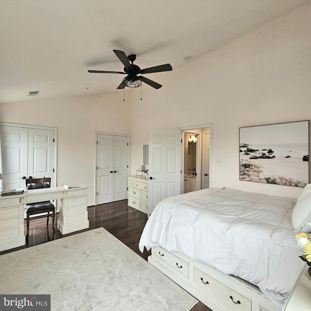 3835 Sugarloaf Pkwy, Frederick, MD 21704 - bedroom featuring vaulted ceiling, dark wood-style flooring, and a ceiling fan