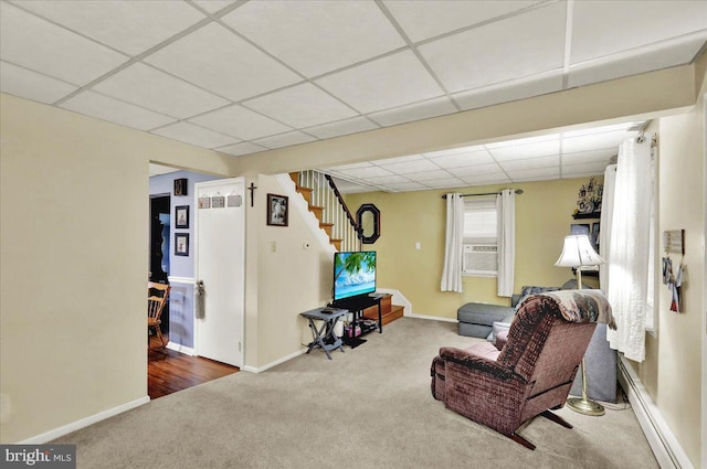 325 Summit Ave, Reading, PA 19607 - living area featuring a paneled ceiling, baseboard heating, carpet, stairway, and cooling unit