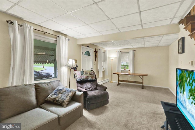 325 Summit Ave, Reading, PA 19607 - living room with a paneled ceiling, a baseboard radiator, and carpet floors