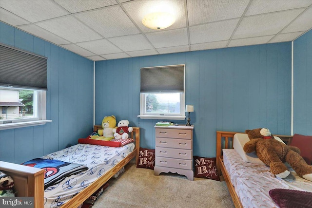 325 Summit Ave, Reading, PA 19607 - bedroom with carpet floors, a paneled ceiling, and wooden walls