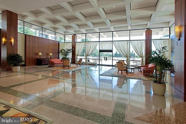 3701 S George Mason Dr Unit 611N, Falls Church, VA 22041 - common area with a high ceiling, beam ceiling, coffered ceiling, and expansive windows