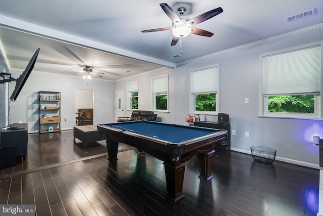 10560 S Faulkner Rd, Faulkner, MD 20632 - recreation room featuring ceiling fan, wood finished floors, crown molding, and billiards