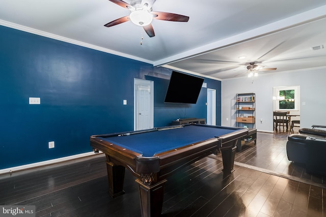 10560 S Faulkner Rd, Faulkner, MD 20632 - rec room with ceiling fan, wood-type flooring, beam ceiling, billiards table, and ornamental molding