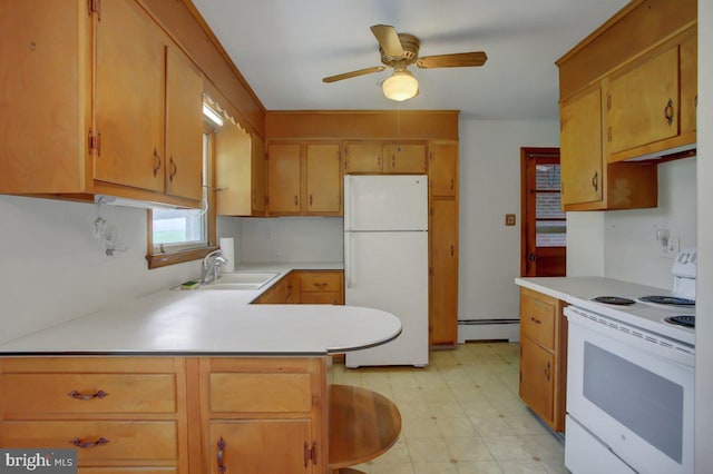 21024 Jefferson Blvd, Smithsburg, MD 21783 - kitchen with white appliances, light countertops, a peninsula, baseboard heating, and a ceiling fan