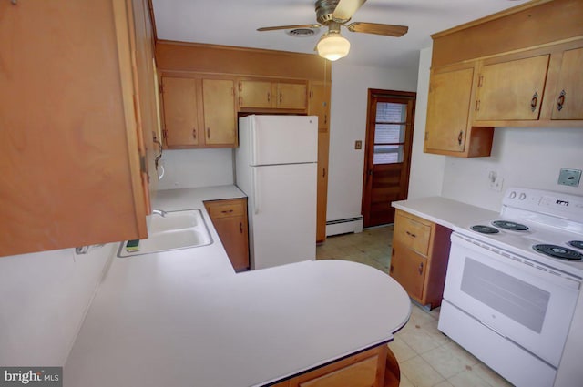 21024 Jefferson Blvd, Smithsburg, MD 21783 - kitchen featuring white appliances, light flooring, a baseboard radiator, and light countertops