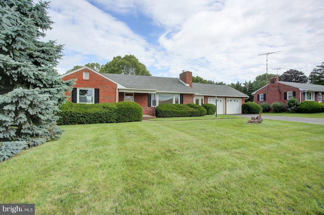 21024 Jefferson Blvd, Smithsburg, MD 21783 - ranch-style home with an attached garage, brick siding, a chimney, driveway, and a front yard