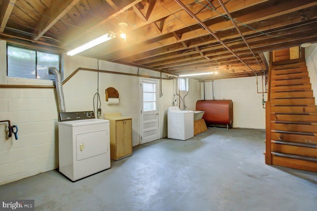 21024 Jefferson Blvd, Smithsburg, MD 21783 - below grade area featuring heating fuel, stairs, washer and dryer, and concrete block wall