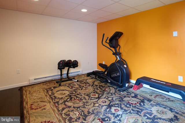 165 Exeter Ln, Bellefonte, PA 16823 - exercise area with a baseboard radiator, recessed lighting, carpet flooring, and a paneled ceiling