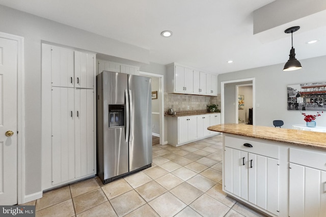 12 Stonelea Dr, Princeton Junction, NJ 08550 - kitchen with stainless steel fridge with ice dispenser, decorative backsplash, white cabinetry, recessed lighting, and light tile patterned flooring