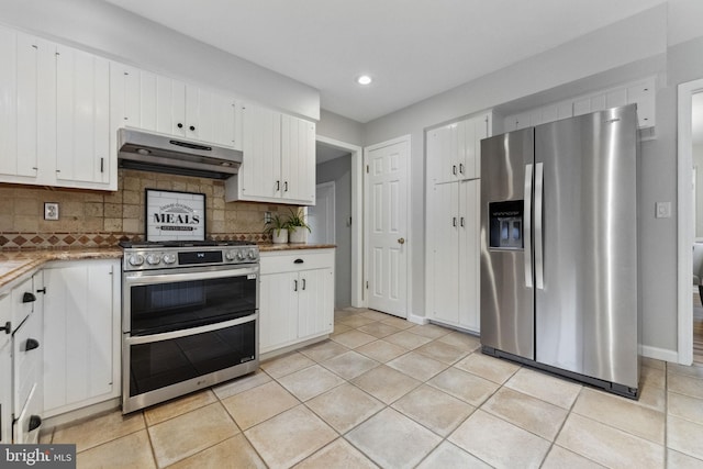 12 Stonelea Dr, Princeton Junction, NJ 08550 - kitchen featuring stainless steel appliances, under cabinet range hood, white cabinetry, backsplash, and recessed lighting