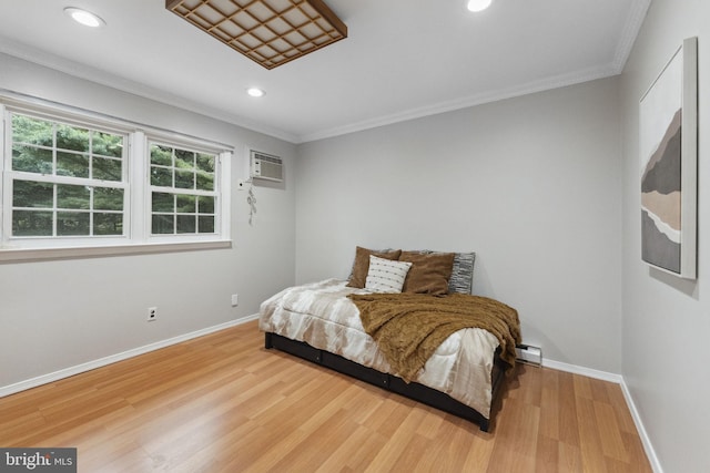 12 Stonelea Dr, Princeton Junction, NJ 08550 - bedroom with wood finished floors, crown molding, a wall unit AC, a baseboard radiator, and recessed lighting