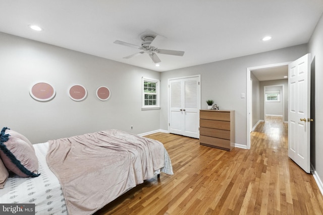 12 Stonelea Dr, Princeton Junction, NJ 08550 - bedroom featuring light wood-type flooring, recessed lighting, a closet, and ceiling fan