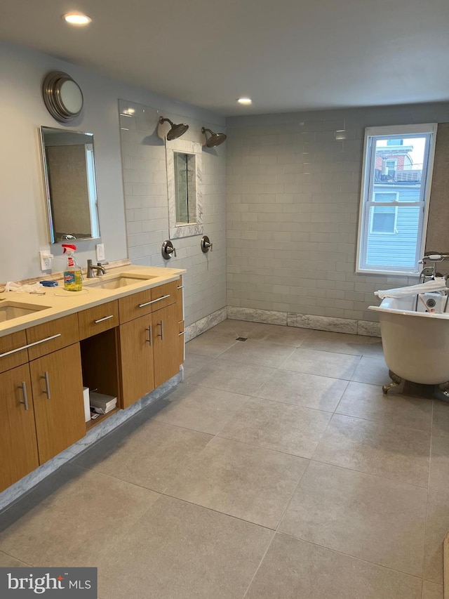 525 Scott St, Baltimore, MD 21230 - bathroom featuring vanity, tiled shower, a freestanding bath, tile patterned floors, and recessed lighting